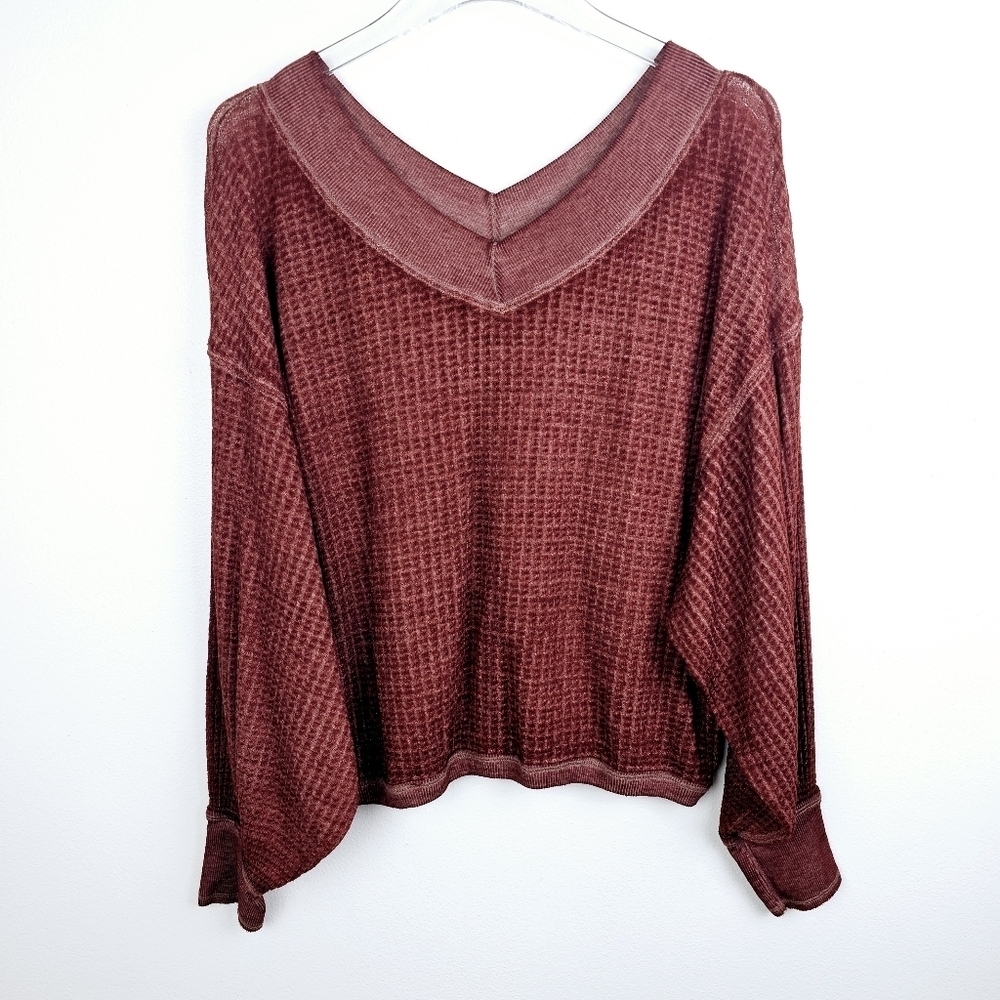 We The Free Burgundy Lightweight Waffle Knit Shirt